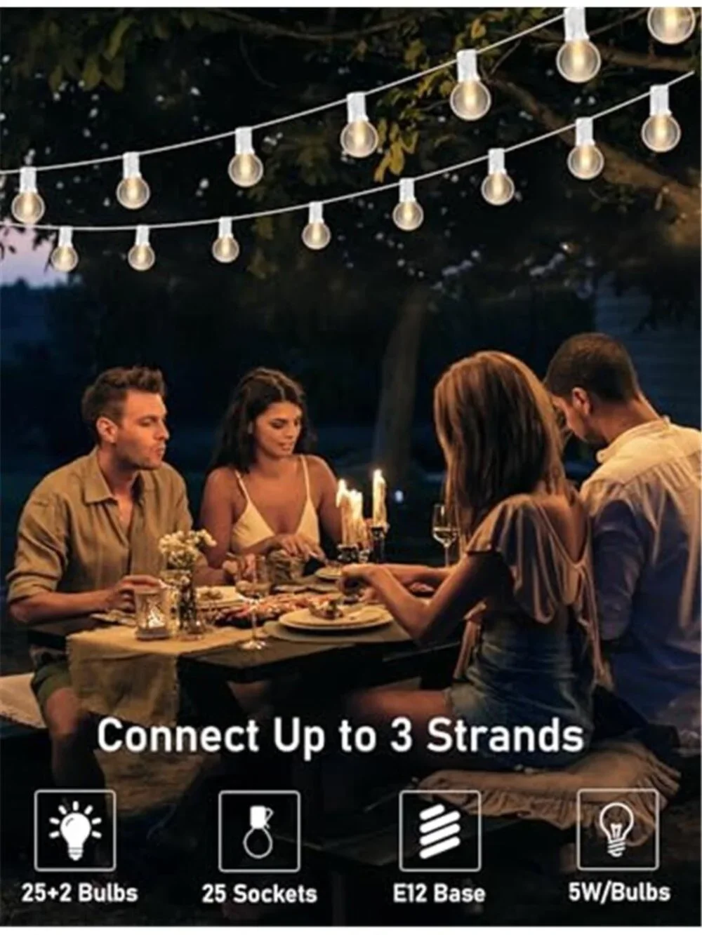 25FT Outdoor White String Lights with 27 Clear Bulbs, G40 Globe Patio String